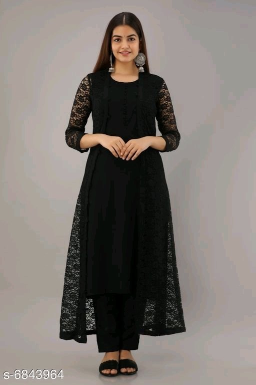 Buy Black Straight Kurti And Dhoti Paired With Long Jacket With Embroidered  Edges Online - Kalki Fashion