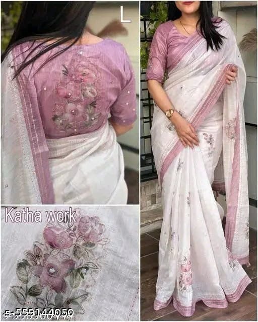 katha saree cotton linen flower printed