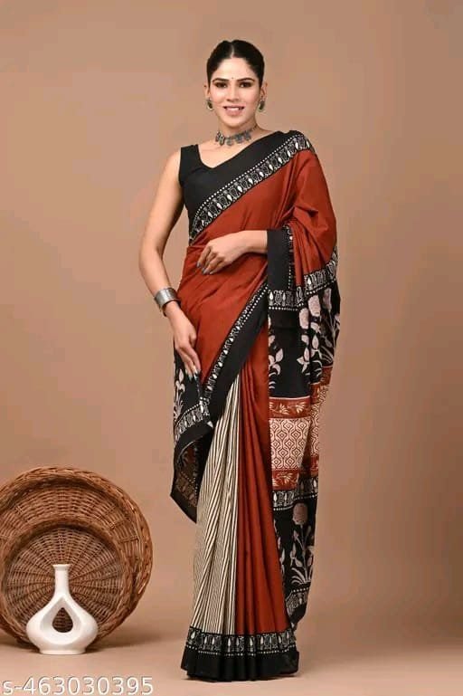 AJARKH NEW HAND PRINTED SOFT COTTON MULMUL SAREE 