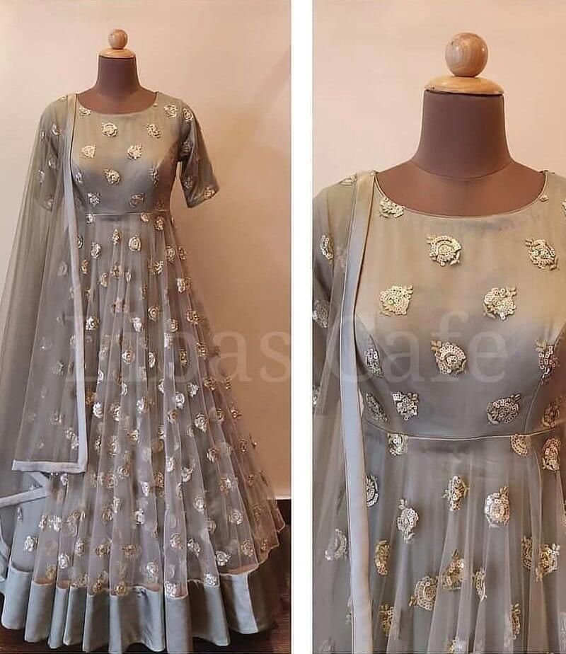 Heavily embroidered grey colored long trail gown - Ash Creations